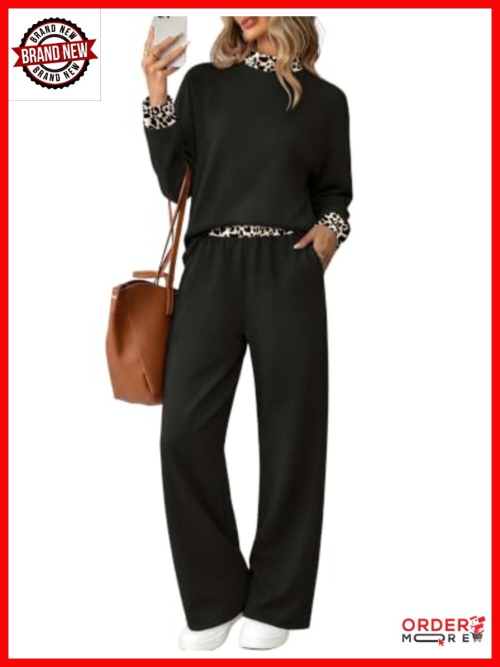 Two Piece Color Block Matching Set Mock Neck Long Sleeve Wide Leg Pants